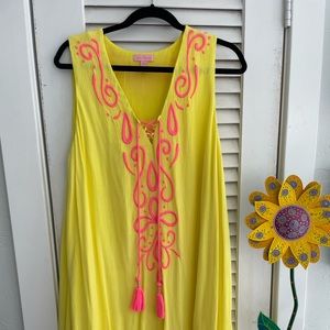 Lilly Pulitzer swing dress with embroidered front and neck.